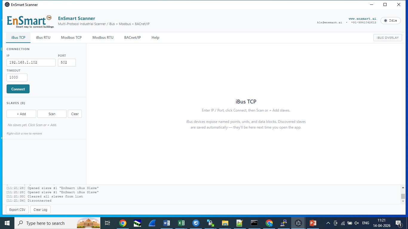 EnSmart Scanner — iBus TCP connection screen