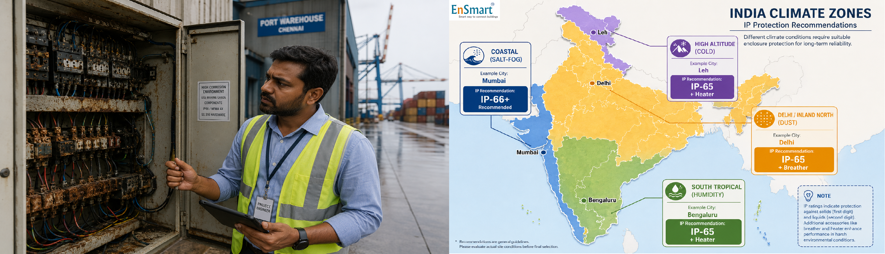 IP-Rated Field Panels for Indian Conditions — Coastal, Dusty, Tropical — infographic