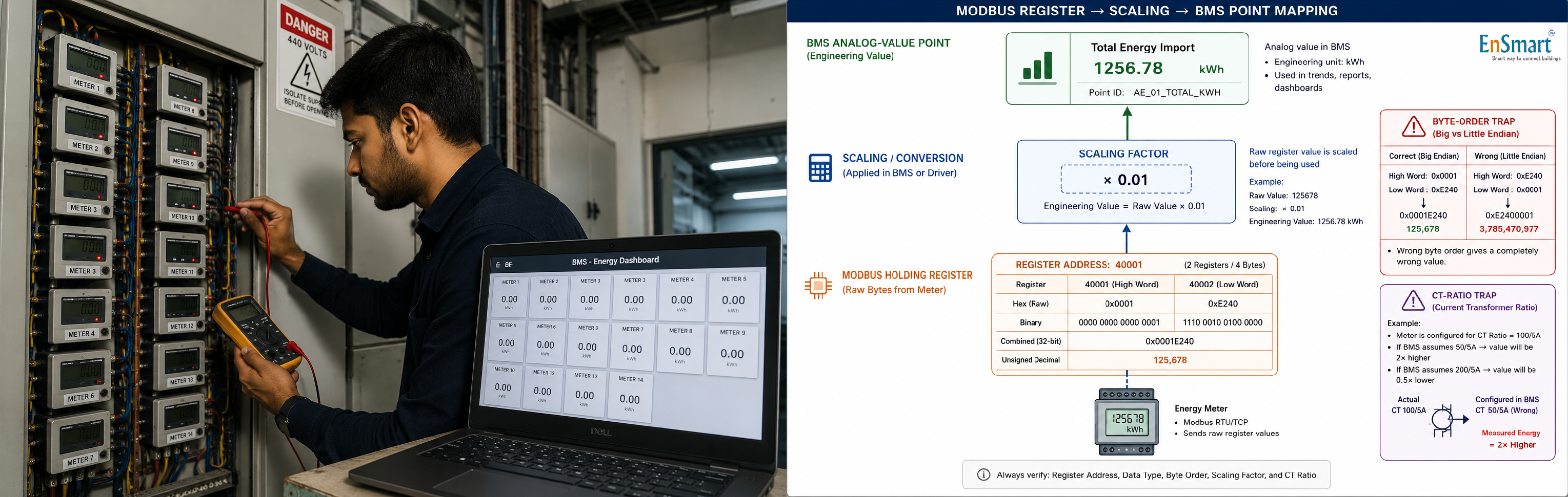 kWh Meter Integration with BMS — From Modbus Register to Energy Dashboard — infographic