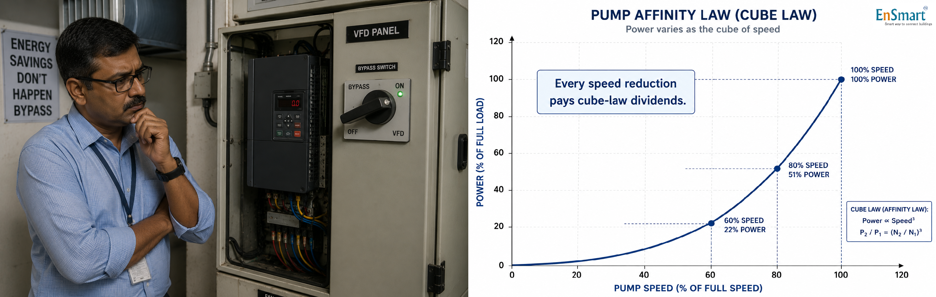 VFD Energy Savings — The Cube Law That Pays the Payback — infographic